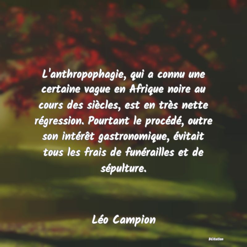 image de citation: L'anthropophagie, qui a connu une certaine vague en Afrique noire au cours des siècles, est en très nette régression. Pourtant le procédé, outre son intérêt gastronomique, évitait tous les frais de funérailles et de sépulture.