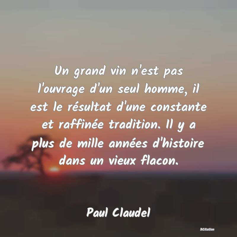 Belle Citation - Un grand vin n'est pas l'ouvrage d'un seul homme, il est le résultat d'une constante et raffinée tradition. Il y a plus de mille années d'histoire dans un vieux flacon. - Paul Claudel