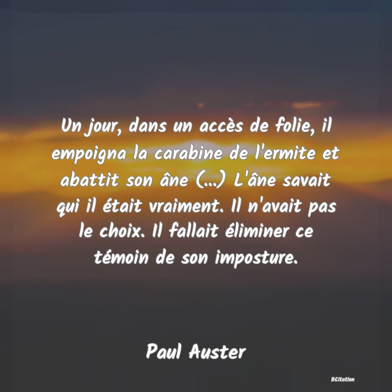Belle Citation - Un jour, dans un accès de folie, il empoigna la carabine de l'ermite et abattit son âne (...) L'âne savait qui il était vraiment. Il n'avait pas le choix. Il fallait éliminer ce témoin de son imposture. - Paul Auster