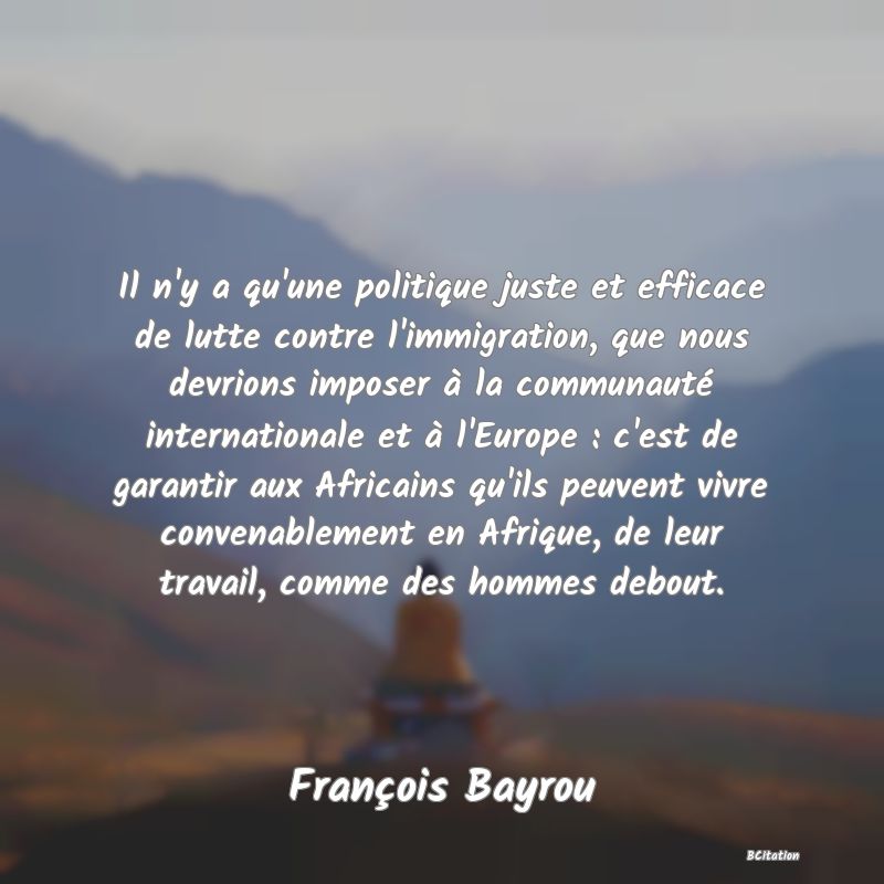 image de citation: Il n'y a qu'une politique juste et efficace de lutte contre l'immigration, que nous devrions imposer à la communauté internationale et à l'Europe : c'est de garantir aux Africains qu'ils peuvent vivre convenablement en Afrique, de leur travail, comme des hommes debout.