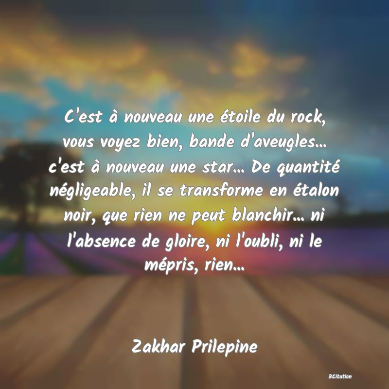 image de citation: C'est à nouveau une étoile du rock, vous voyez bien, bande d'aveugles... c'est à nouveau une star... De quantité négligeable, il se transforme en étalon noir, que rien ne peut blanchir... ni l'absence de gloire, ni l'oubli, ni le mépris, rien...