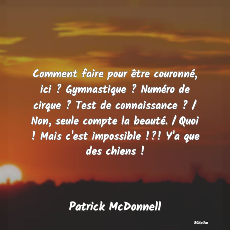 image de citation: Comment faire pour être couronné, ici ? Gymnastique ? Numéro de cirque ? Test de connaissance ? / Non, seule compte la beauté. / Quoi ! Mais c'est impossible !?! Y'a que des chiens !