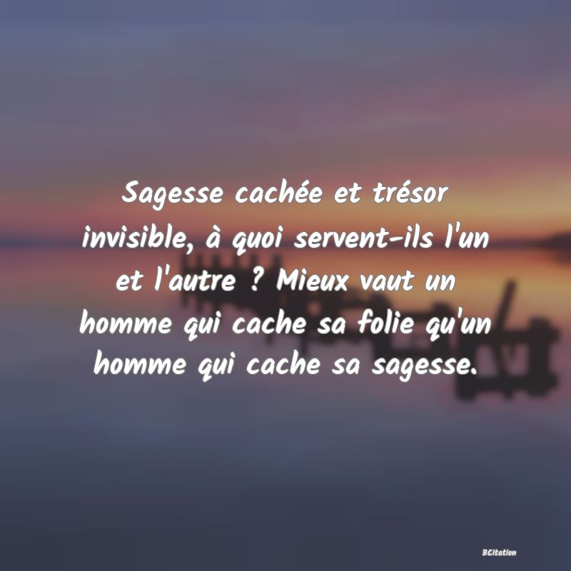 image de citation: Sagesse cachée et trésor invisible, à quoi servent-ils l'un et l'autre ? Mieux vaut un homme qui cache sa folie qu'un homme qui cache sa sagesse.