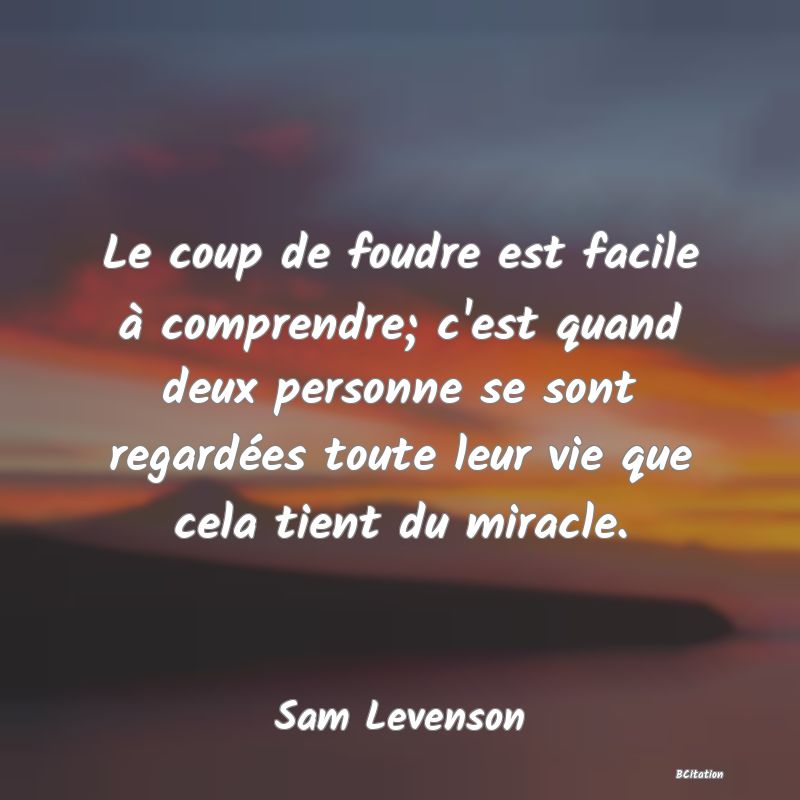 image de citation: Le coup de foudre est facile à comprendre; c'est quand deux personne se sont regardées toute leur vie que cela tient du miracle.