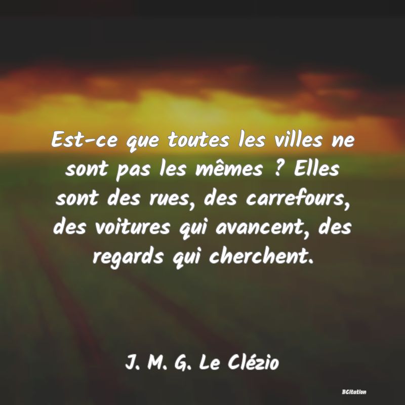 image de citation: Est-ce que toutes les villes ne sont pas les mêmes ? Elles sont des rues, des carrefours, des voitures qui avancent, des regards qui cherchent.