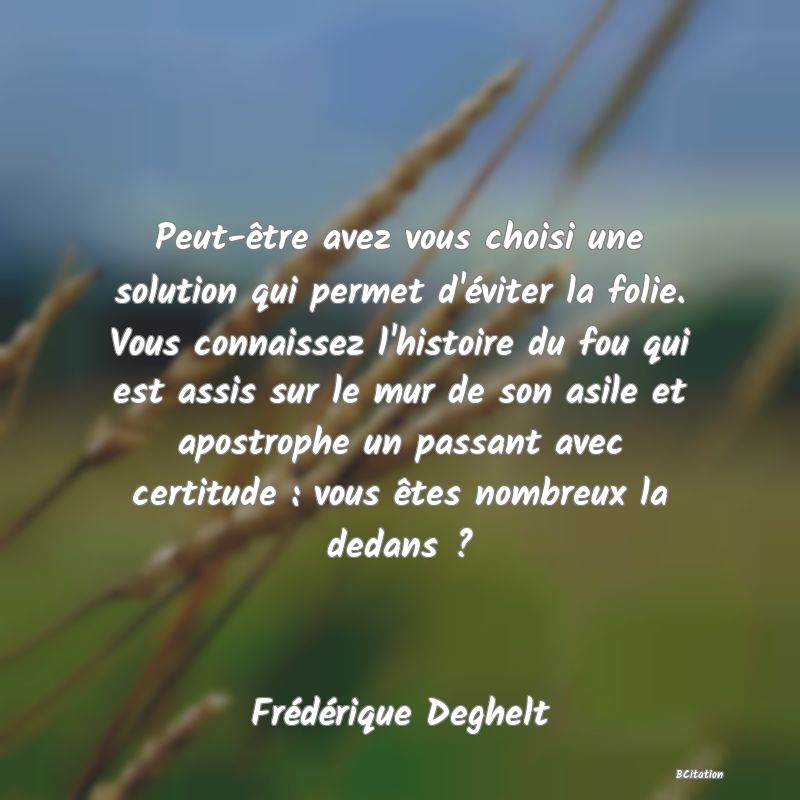 image de citation: Peut-être avez vous choisi une solution qui permet d'éviter la folie. Vous connaissez l'histoire du fou qui est assis sur le mur de son asile et apostrophe un passant avec certitude : vous êtes nombreux la dedans ?