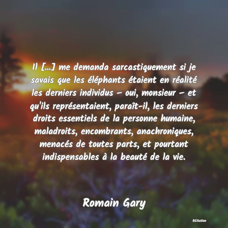 image de citation: Il [...] me demanda sarcastiquement si je savais que les éléphants étaient en réalité les derniers individus – oui, monsieur – et qu'ils représentaient, paraît-il, les derniers droits essentiels de la personne humaine, maladroits, encombrants, anachroniques, menacés de toutes parts, et pourtant indispensables à la beauté de la vie.