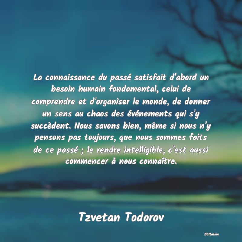 image de citation: La connaissance du passé satisfait d'abord un besoin humain fondamental, celui de comprendre et d'organiser le monde, de donner un sens au chaos des événements qui s'y succèdent. Nous savons bien, même si nous n'y pensons pas toujours, que nous sommes faits de ce passé ; le rendre intelligible, c'est aussi commencer à nous connaître.