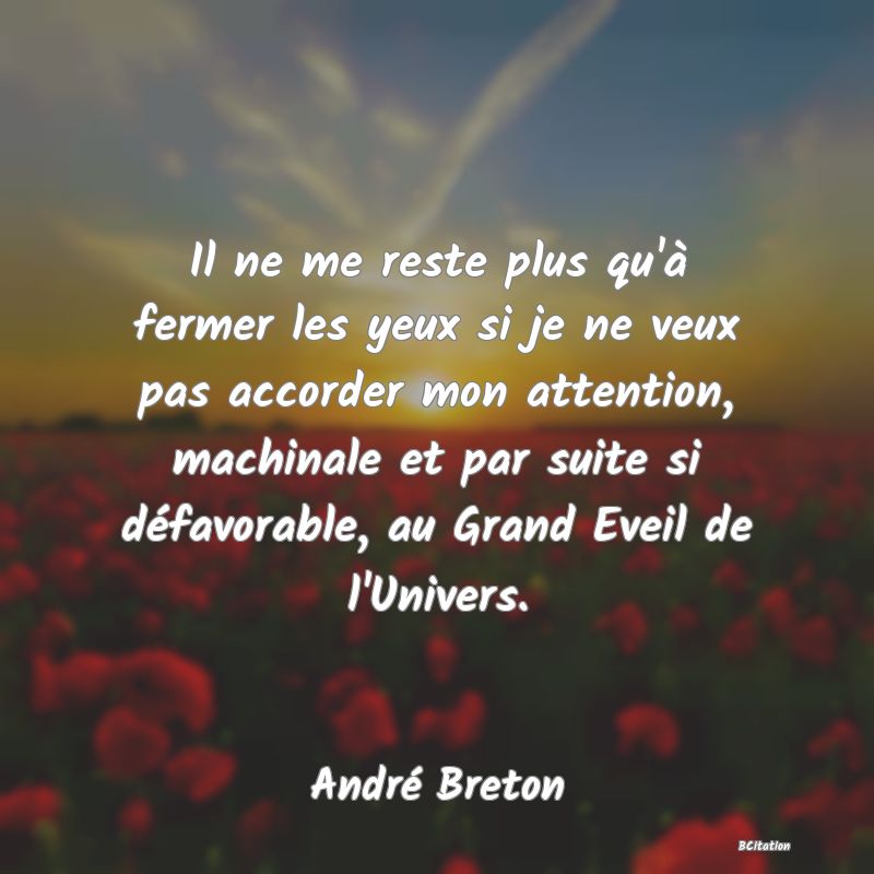 image de citation: Il ne me reste plus qu'à fermer les yeux si je ne veux pas accorder mon attention, machinale et par suite si défavorable, au Grand Eveil de l'Univers.