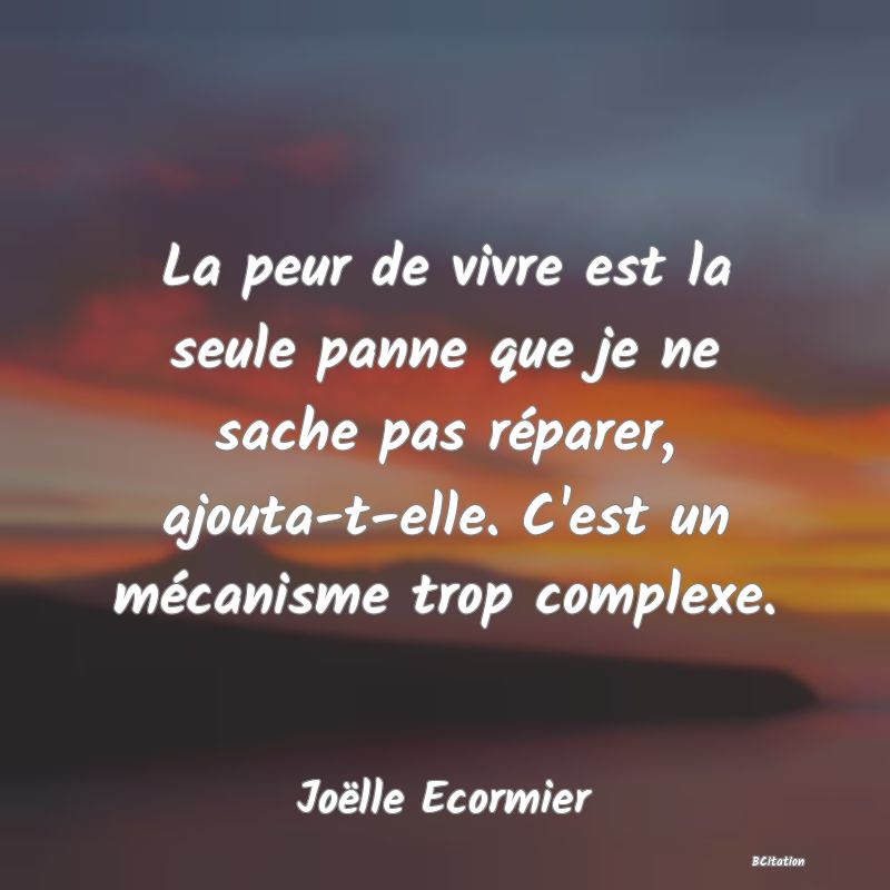 image de citation: La peur de vivre est la seule panne que je ne sache pas réparer, ajouta-t-elle. C'est un mécanisme trop complexe.