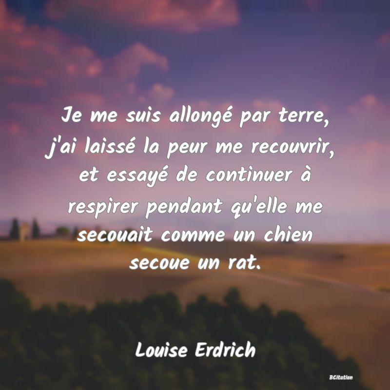 image de citation: Je me suis allongé par terre, j'ai laissé la peur me recouvrir, et essayé de continuer à respirer pendant qu'elle me secouait comme un chien secoue un rat.