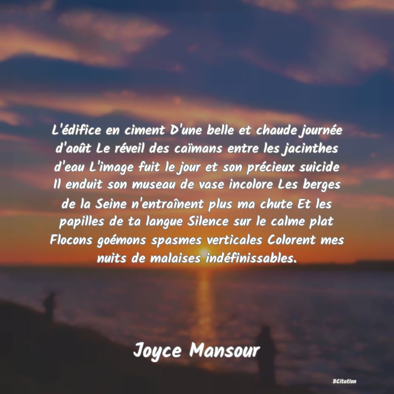 image de citation: L'édifice en ciment D'une belle et chaude journée d'août Le réveil des caïmans entre les jacinthes d'eau L'image fuit le jour et son précieux suicide Il enduit son museau de vase incolore Les berges de la Seine n'entraînent plus ma chute Et les papilles de ta langue Silence sur le calme plat Flocons goémons spasmes verticales Colorent mes nuits de malaises indéfinissables.