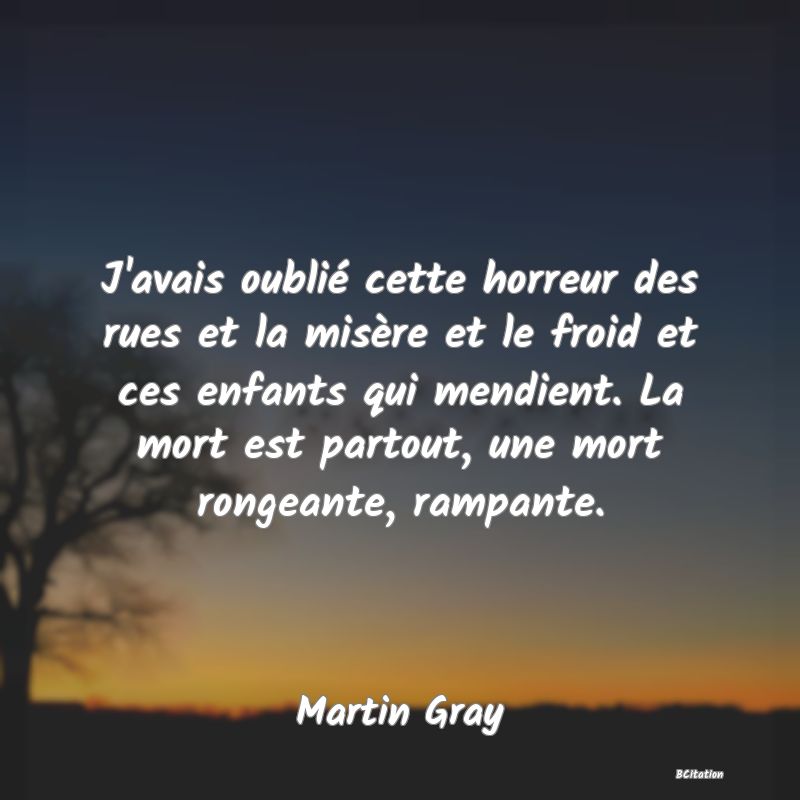 image de citation: J'avais oublié cette horreur des rues et la misère et le froid et ces enfants qui mendient. La mort est partout, une mort rongeante, rampante.