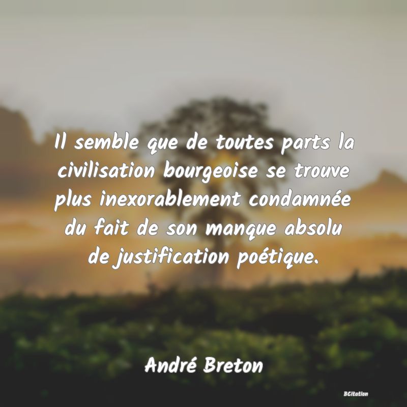 image de citation: Il semble que de toutes parts la civilisation bourgeoise se trouve plus inexorablement condamnée du fait de son manque absolu de justification poétique.