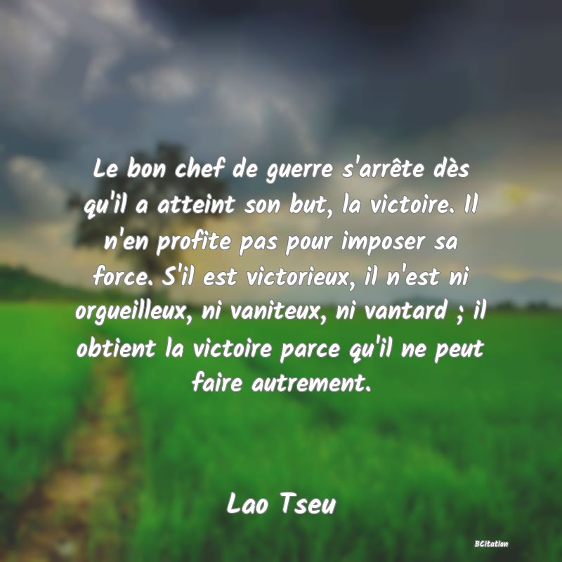 image de citation: Le bon chef de guerre s'arrête dès qu'il a atteint son but, la victoire. Il n'en profite pas pour imposer sa force. S'il est victorieux, il n'est ni orgueilleux, ni vaniteux, ni vantard ; il obtient la victoire parce qu'il ne peut faire autrement.