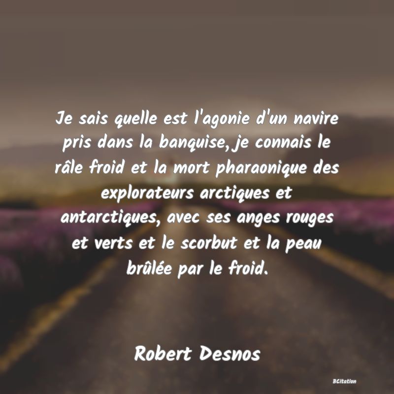 Belle Citation - Je sais quelle est l'agonie d'un navire pris dans la banquise, je connais le râle froid et la mort pharaonique des explorateurs arctiques et antarctiques, avec ses anges rouges et verts et le scorbut et la peau brûlée par le froid. - Robert Desnos