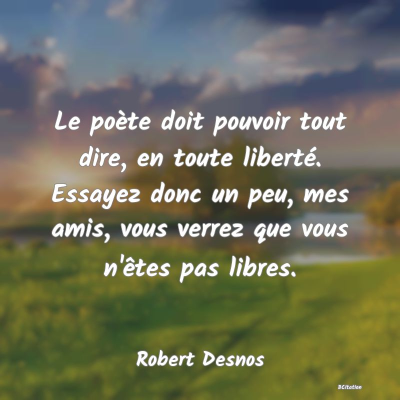 image de citation: Le poète doit pouvoir tout dire, en toute liberté. Essayez donc un peu, mes amis, vous verrez que vous n'êtes pas libres.