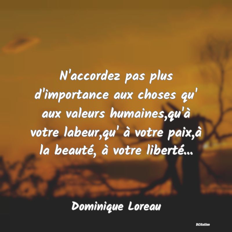 image de citation: N'accordez pas plus d'importance aux choses qu' aux valeurs humaines,qu'à votre labeur,qu' à votre paix,à la beauté, à votre liberté...