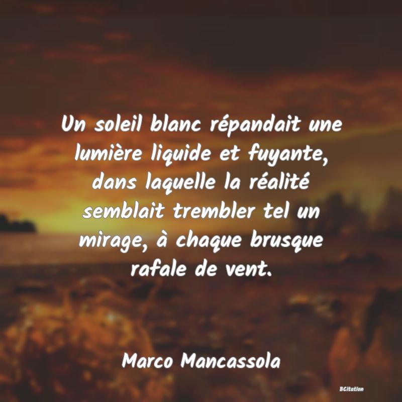 image de citation: Un soleil blanc répandait une lumière liquide et fuyante, dans laquelle la réalité semblait trembler tel un mirage, à chaque brusque rafale de vent.