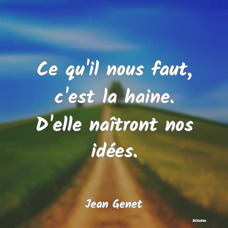 Belle Citation - Ce qu'il nous faut, c'est la haine. D'elle naîtront nos idées. - Jean Genet