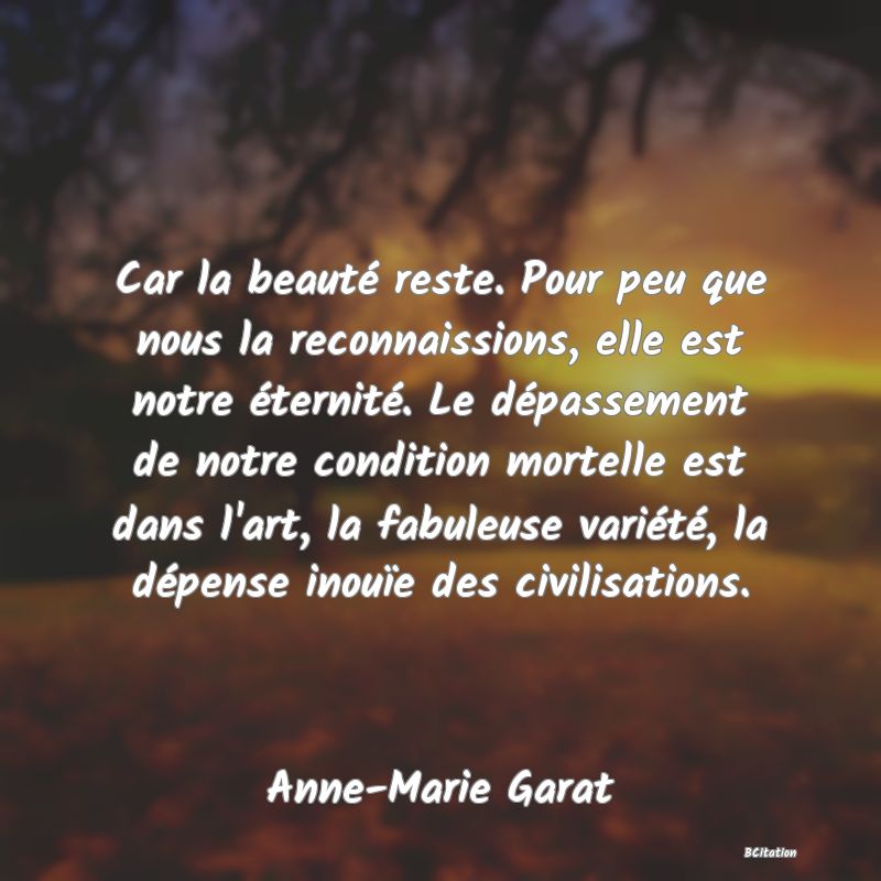 image de citation: Car la beauté reste. Pour peu que nous la reconnaissions, elle est notre éternité. Le dépassement de notre condition mortelle est dans l'art, la fabuleuse variété, la dépense inouïe des civilisations.