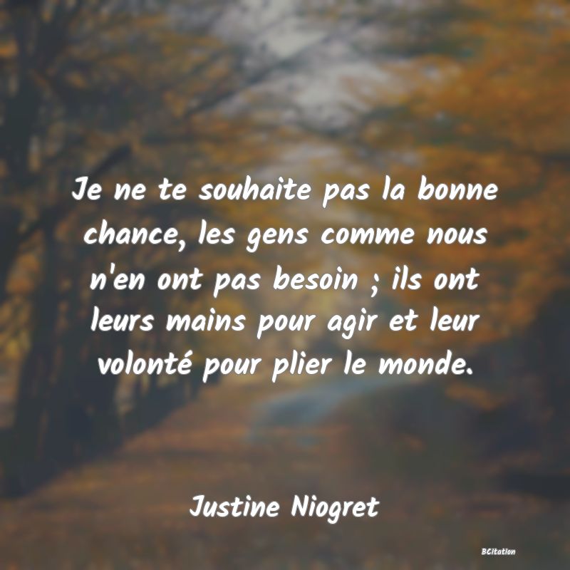 image de citation: Je ne te souhaite pas la bonne chance, les gens comme nous n'en ont pas besoin ; ils ont leurs mains pour agir et leur volonté pour plier le monde.