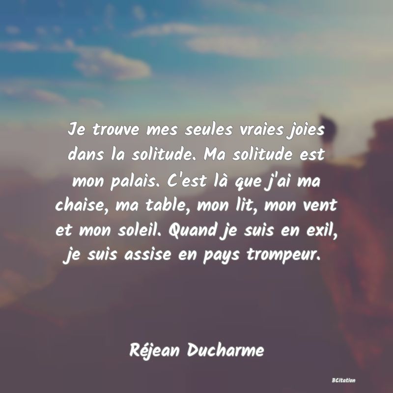 image de citation: Je trouve mes seules vraies joies dans la solitude. Ma solitude est mon palais. C'est là que j'ai ma chaise, ma table, mon lit, mon vent et mon soleil. Quand je suis en exil, je suis assise en pays trompeur.