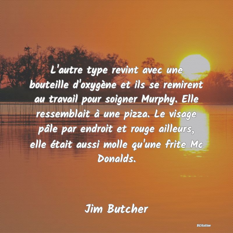 image de citation: L'autre type revint avec une bouteille d'oxygène et ils se remirent au travail pour soigner Murphy. Elle ressemblait à une pizza. Le visage pâle par endroit et rouge ailleurs, elle était aussi molle qu'une frite Mc Donalds.