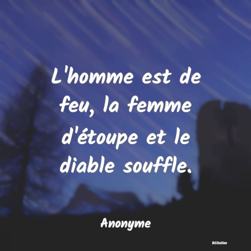 image de citation: L'homme est de feu, la femme d'étoupe et le diable souffle.