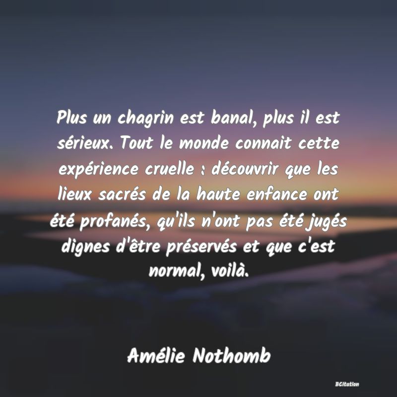 image de citation: Plus un chagrin est banal, plus il est sérieux. Tout le monde connait cette expérience cruelle : découvrir que les lieux sacrés de la haute enfance ont été profanés, qu'ils n'ont pas été jugés dignes d'être préservés et que c'est normal, voilà.