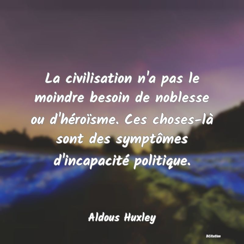 image de citation: La civilisation n'a pas le moindre besoin de noblesse ou d'héroïsme. Ces choses-là sont des symptômes d'incapacité politique.