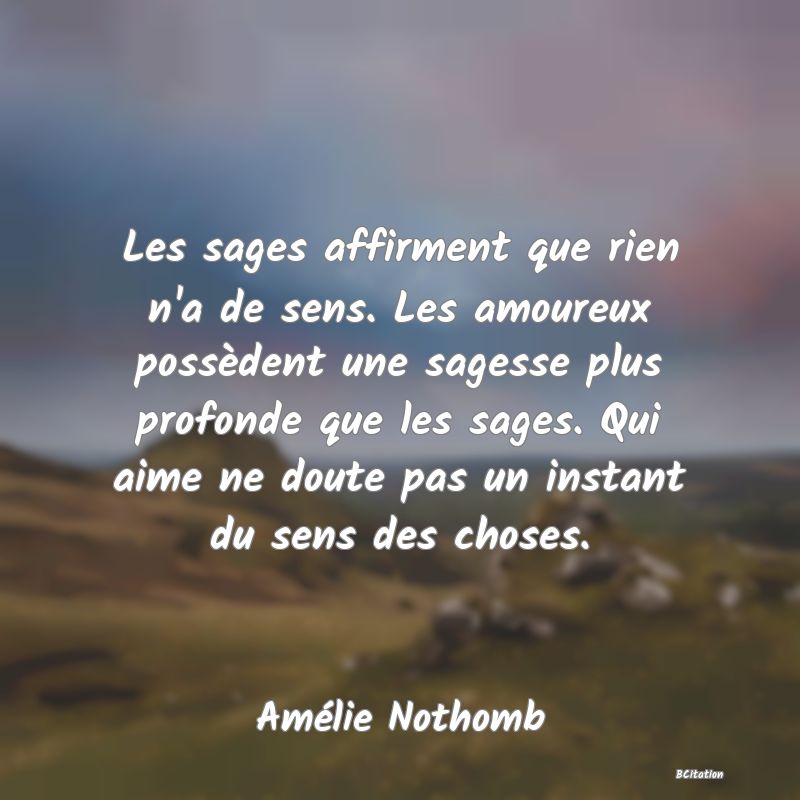 image de citation: Les sages affirment que rien n'a de sens. Les amoureux possèdent une sagesse plus profonde que les sages. Qui aime ne doute pas un instant du sens des choses.