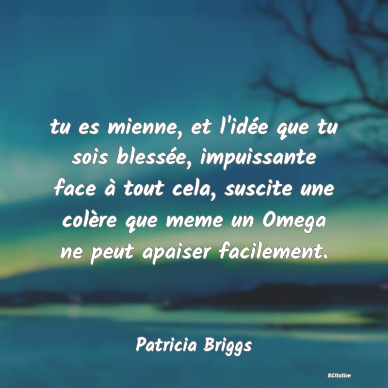 image de citation: tu es mienne, et l'idée que tu sois blessée, impuissante face à tout cela, suscite une colère que meme un Omega ne peut apaiser facilement.