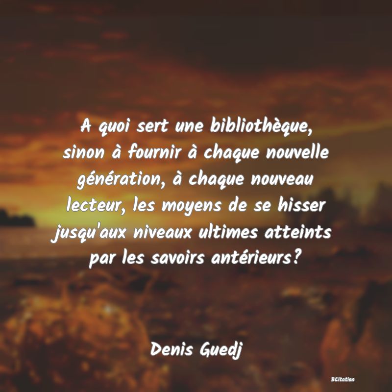 image de citation: A quoi sert une bibliothèque, sinon à fournir à chaque nouvelle génération, à chaque nouveau lecteur, les moyens de se hisser jusqu'aux niveaux ultimes atteints par les savoirs antérieurs?