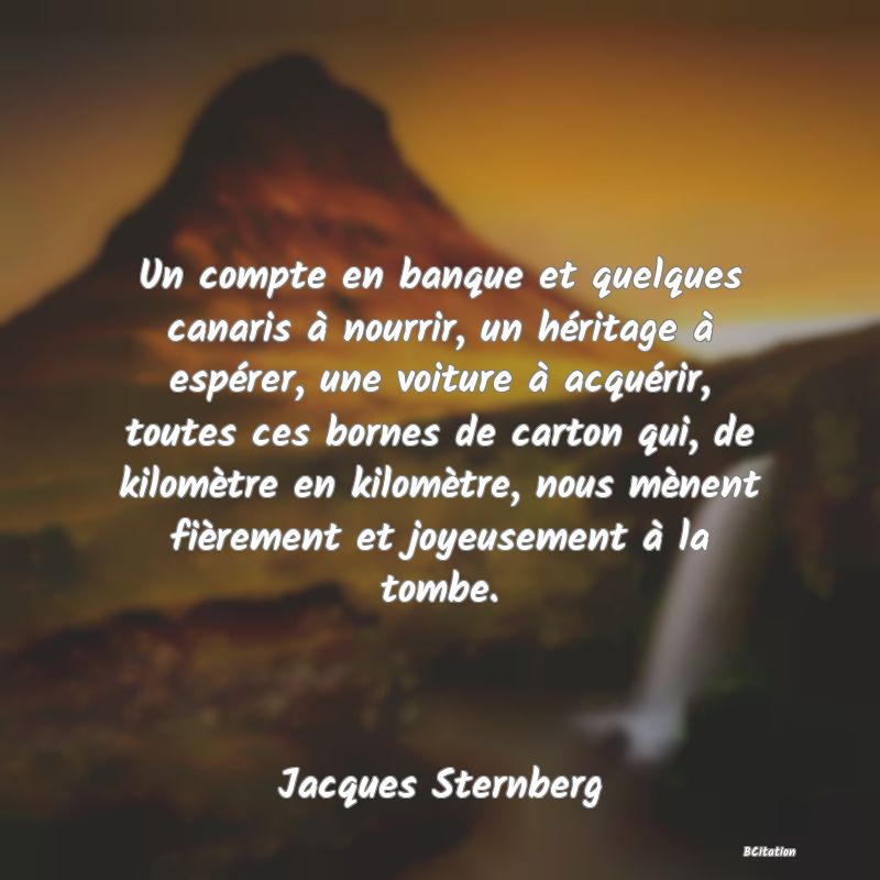 image de citation: Un compte en banque et quelques canaris à nourrir, un héritage à espérer, une voiture à acquérir, toutes ces bornes de carton qui, de kilomètre en kilomètre, nous mènent fièrement et joyeusement à la tombe.