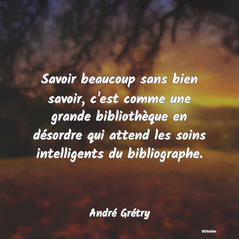 image de citation: Savoir beaucoup sans bien savoir, c'est comme une grande bibliothèque en désordre qui attend les soins intelligents du bibliographe.