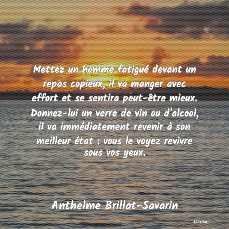 image de citation: Mettez un homme fatigué devant un repas copieux, il va manger avec effort et se sentira peut-être mieux. Donnez-lui un verre de vin ou d'alcool, il va immédiatement revenir à son meilleur état : vous le voyez revivre sous vos yeux.