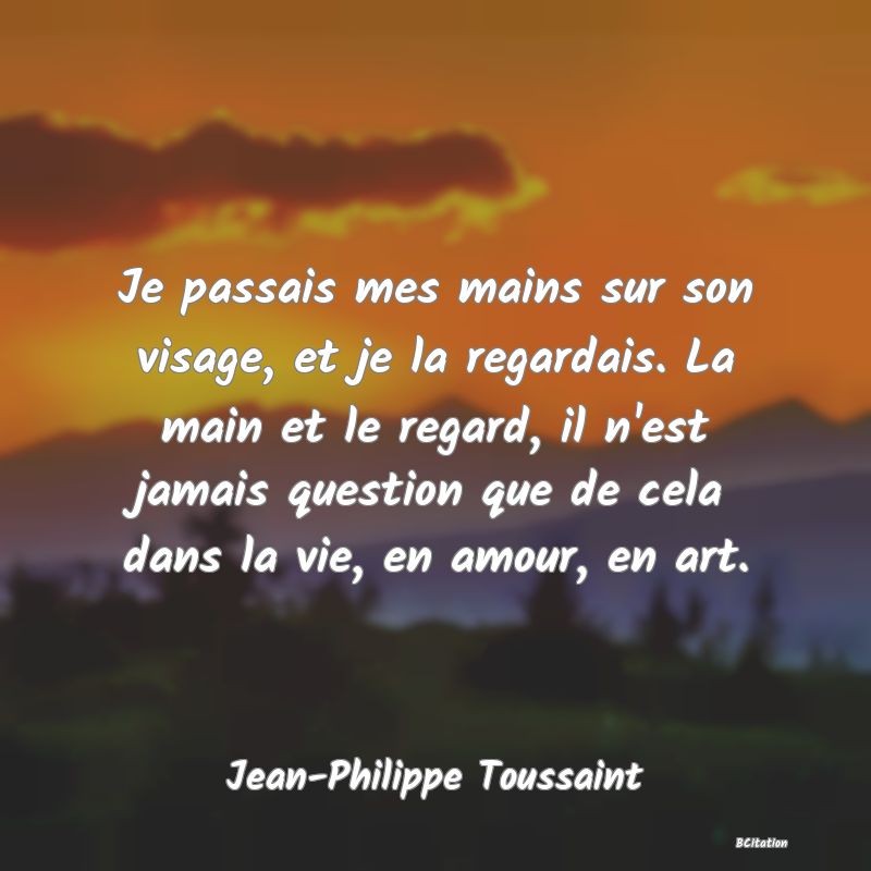 image de citation: Je passais mes mains sur son visage, et je la regardais. La main et le regard, il n'est jamais question que de cela dans la vie, en amour, en art.