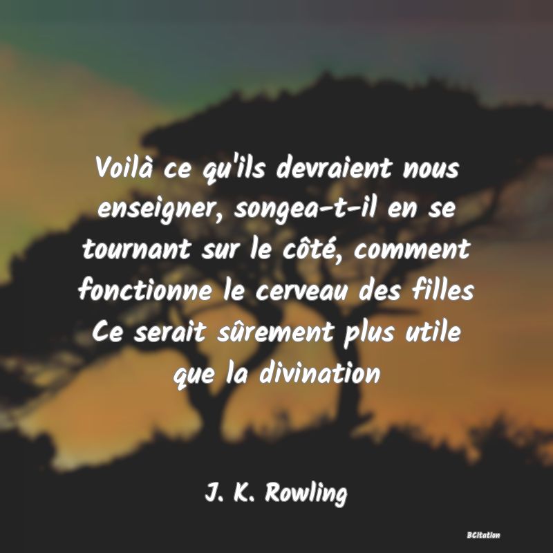 image de citation: Voilà ce qu'ils devraient nous enseigner, songea-t-il en se tournant sur le côté, comment fonctionne le cerveau des filles Ce serait sûrement plus utile que la divination