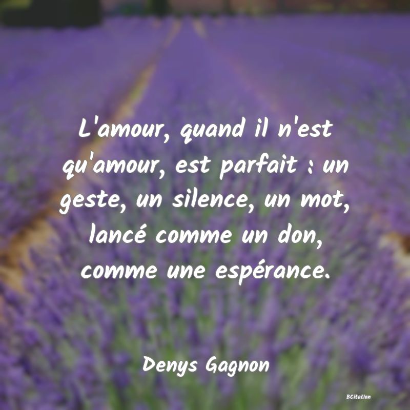 image de citation: L'amour, quand il n'est qu'amour, est parfait : un geste, un silence, un mot, lancé comme un don, comme une espérance.