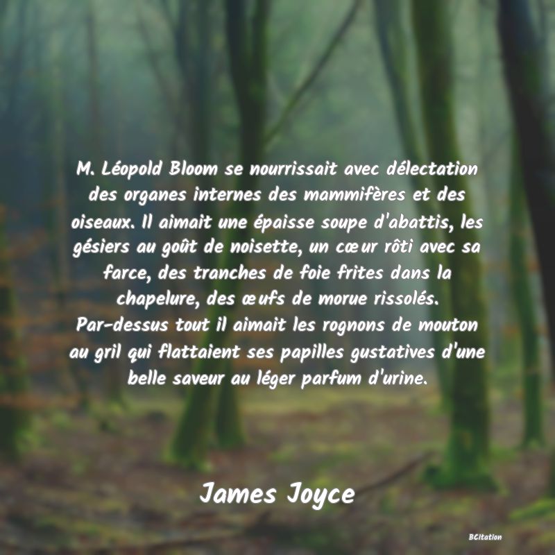 Belle Citation - M. Léopold Bloom se nourrissait avec délectation des organes internes des mammifères et des oiseaux. Il aimait une épaisse soupe d'abattis, les gésiers au goût de noisette, un cœur rôti avec sa farce, des tranches de foie frites dans la chapelure, des œufs de morue rissolés. Par-dessus tout il aimait les rognons de mouton au gril qui flattaient ses papilles gustatives d'une belle saveur au léger parfum d'urine. - James Joyce