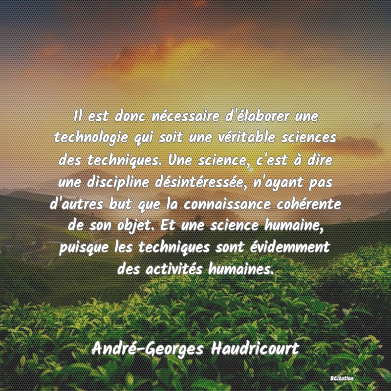 image de citation: Il est donc nécessaire d'élaborer une technologie qui soit une véritable sciences des techniques. Une science, c'est à dire une discipline désintéressée, n'ayant pas d'autres but que la connaissance cohérente de son objet. Et une science humaine, puisque les techniques sont évidemment des activités humaines.