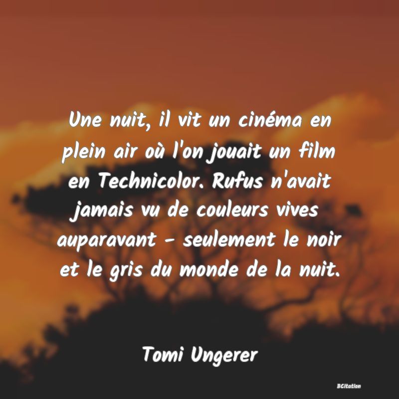 image de citation: Une nuit, il vit un cinéma en plein air où l'on jouait un film en Technicolor. Rufus n'avait jamais vu de couleurs vives auparavant - seulement le noir et le gris du monde de la nuit.