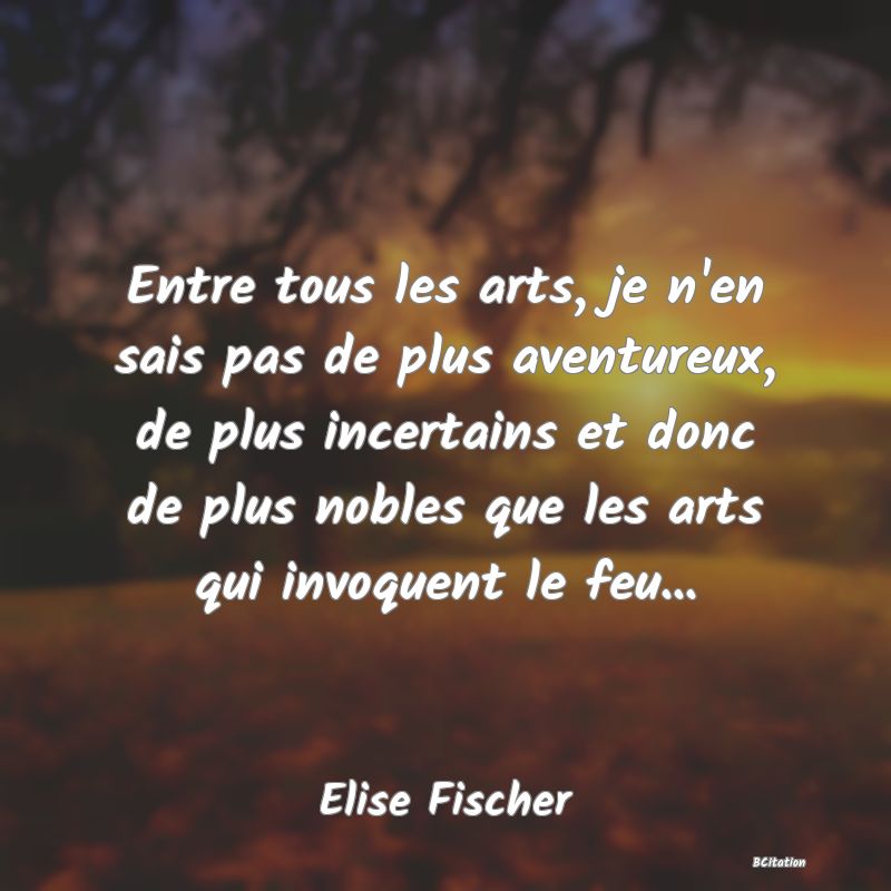 Belle Citation - Entre tous les arts, je n'en sais pas de plus aventureux, de plus incertains et donc de plus nobles que les arts qui invoquent le feu... - Elise Fischer