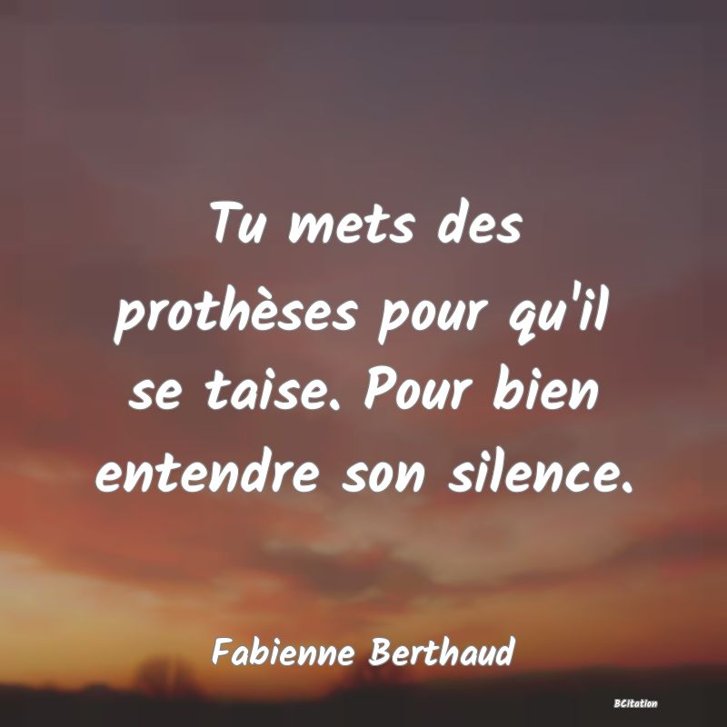 Belle Citation - Tu mets des prothèses pour qu'il se taise. Pour bien entendre son silence. - Fabienne Berthaud