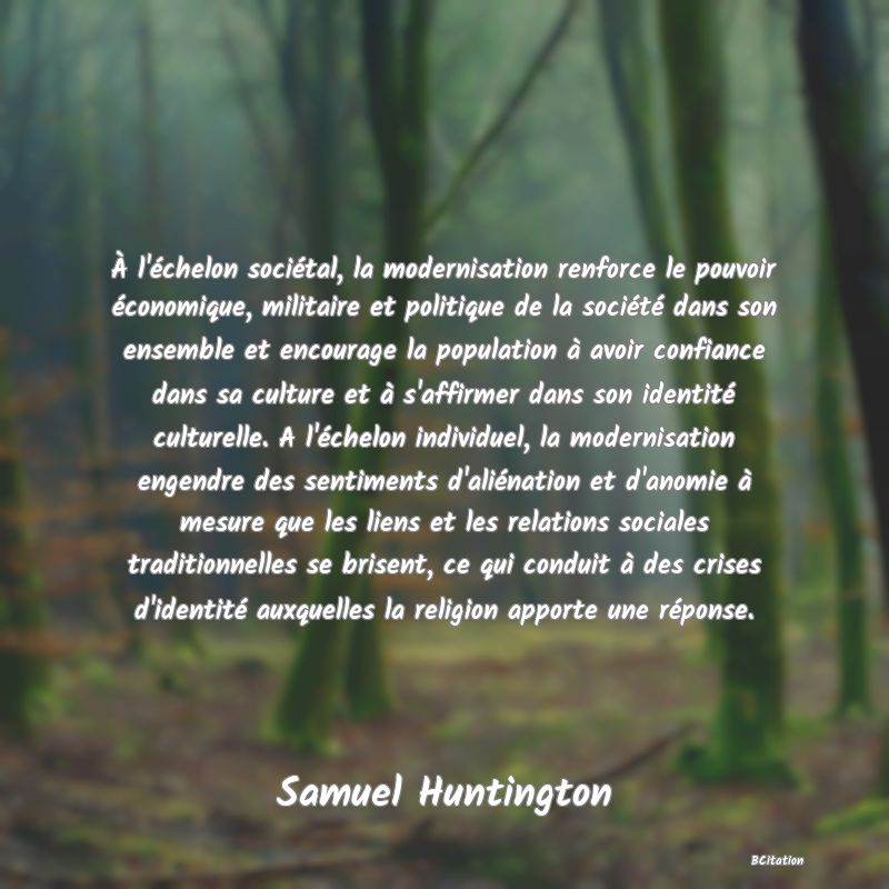 image de citation: À l'échelon sociétal, la modernisation renforce le pouvoir économique, militaire et politique de la société dans son ensemble et encourage la population à avoir confiance dans sa culture et à s'affirmer dans son identité culturelle. A l'échelon individuel, la modernisation engendre des sentiments d'aliénation et d'anomie à mesure que les liens et les relations sociales traditionnelles se brisent, ce qui conduit à des crises d'identité auxquelles la religion apporte une réponse.