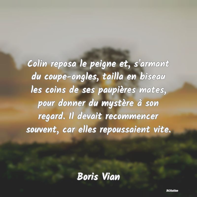 Belle Citation - Colin reposa le peigne et, s'armant du coupe-ongles, tailla en biseau les coins de ses paupières mates, pour donner du mystère à son regard. Il devait recommencer souvent, car elles repoussaient vite. - Boris Vian