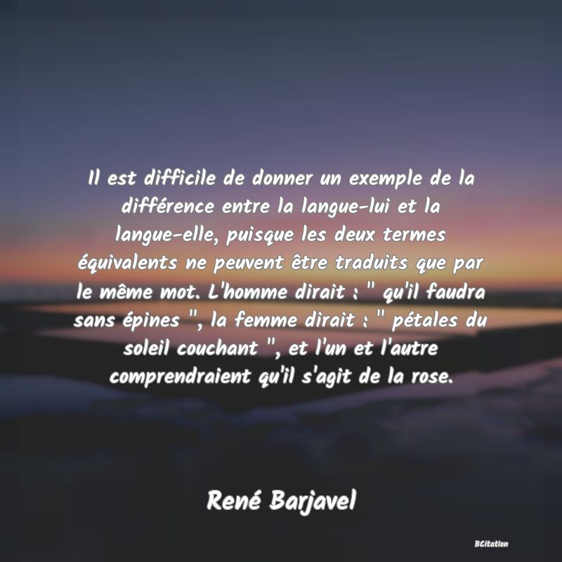 image de citation: Il est difficile de donner un exemple de la différence entre la langue-lui et la langue-elle, puisque les deux termes équivalents ne peuvent être traduits que par le même mot. L'homme dirait : qu'il faudra sans épines , la femme dirait : pétales du soleil couchant , et l'un et l'autre comprendraient qu'il s'agit de la rose.