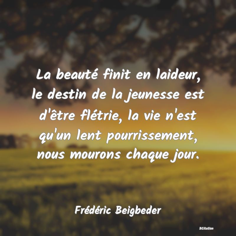 image de citation: La beauté finit en laideur, le destin de la jeunesse est d'être flétrie, la vie n'est qu'un lent pourrissement, nous mourons chaque jour.