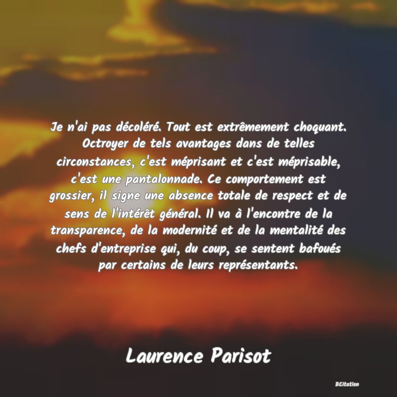 image de citation: Je n'ai pas décoléré. Tout est extrêmement choquant. Octroyer de tels avantages dans de telles circonstances, c'est méprisant et c'est méprisable, c'est une pantalonnade. Ce comportement est grossier, il signe une absence totale de respect et de sens de l'intérêt général. Il va à l'encontre de la transparence, de la modernité et de la mentalité des chefs d'entreprise qui, du coup, se sentent bafoués par certains de leurs représentants.